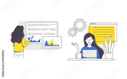 Online Conference with Woman Showing Graph Presentation Via Internet Platform and Sitting at Laptop Outline Vector Set