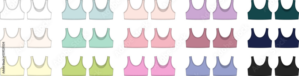 Set of girl bra technical sketch illustration. Casual underclothing multicolored collection. Women's yoga underwear design template bundle.