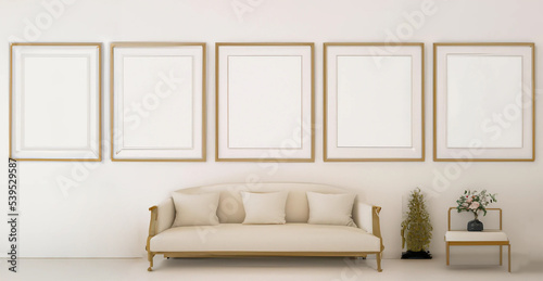 rendering 3d di cornici vuote sopra divano bianco e ambientazione di soggiorno chiaro e lussuoso photo