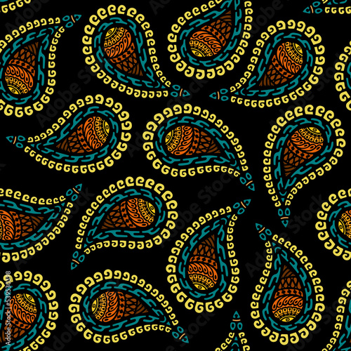 Seamless paisley background.Colorful leafs on black background. Vector illustration.