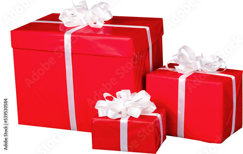 Three Christmas presents with ribbon bows isolated on white background photo