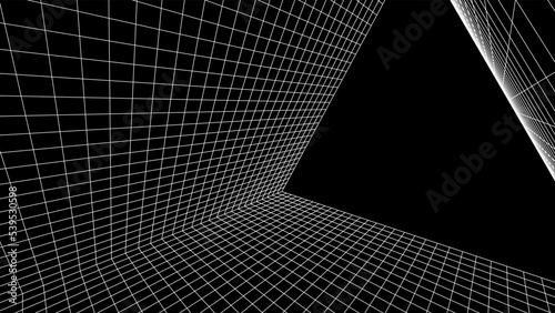 Abstract 80s styled computer background. Sci-fi architecture interior with retro lines. Synthwave or retrowave grid room.