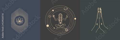 Set of linear vector illustrations. Hand drawn illustrations depicting woman, hands, planet. decoration in modern style. magical drawings. Woman in the lotus position.