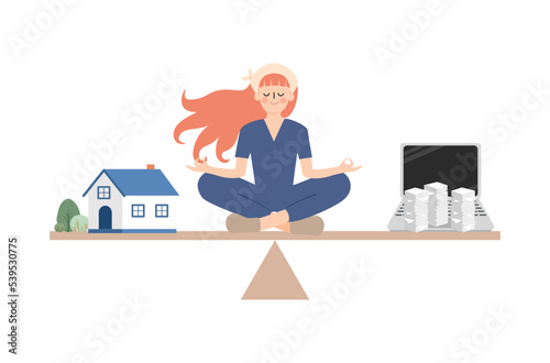 Flat design of office tasks vector, businesswoman with overwhelm works, concentrate office woman vector, yoga sitting woman on white background, work life balance vector, lifestyle of businessman.