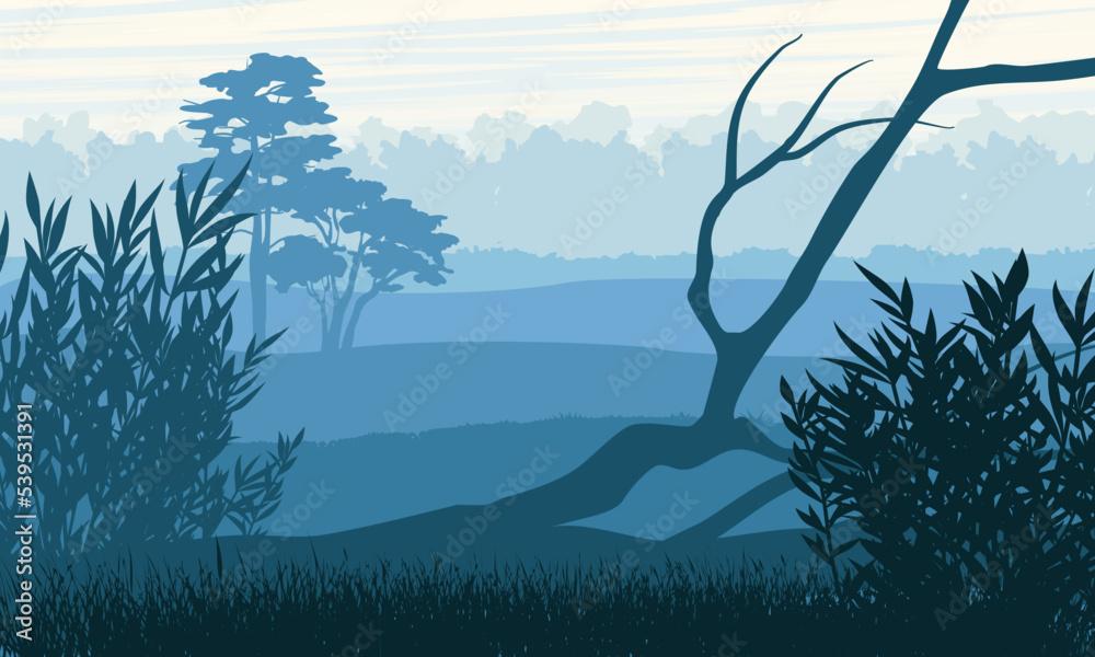 Fototapeta premium Meadow silhouette. Field with trees and bushes in blue. Vector landscape