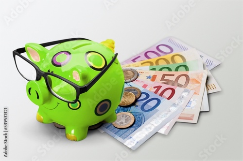 Cute small Piggy Bank and money photo