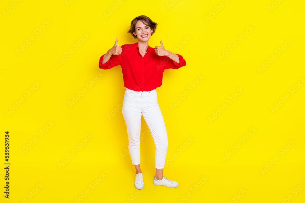 Full length portrait of cheerful charming person hands fingers demonstrate thumb up isolated on yellow color background