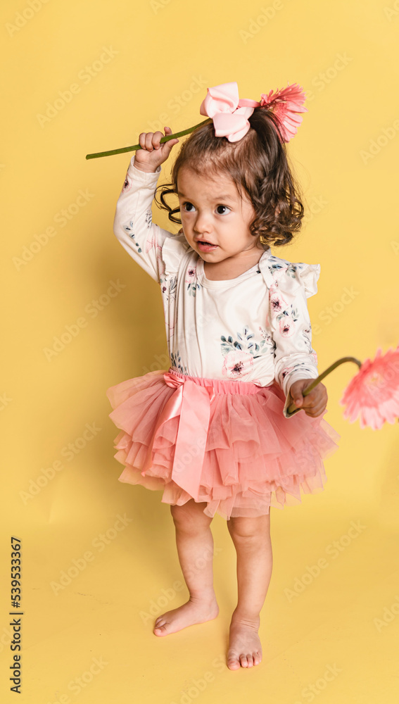 Niña latina con gerberas en la mano en fondo amarillo Niña latina con gerberas en la mano en fondo amarillo