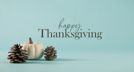 Minimalism style Thanksgiving greeting holiday banner with copy space on blue modern background.