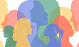 Woman head silhouettes banner. Diverse female profile background. Concept of multicultural multiethnic diversity, womens rights, equal opportunities, allyship, feminism. Abstract vector illustration.