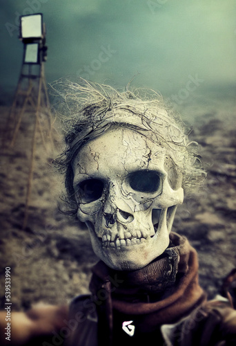 Last Selfie on Earth, skeleton takes a photo of himself, Apocalyptic Time