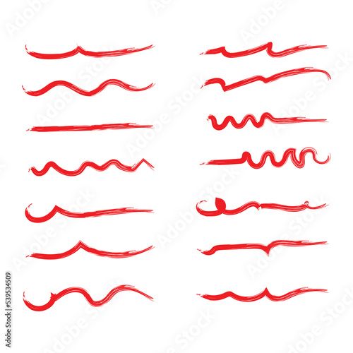 Handmade Collection Set Of Red Underline Vector . Doodle Style Different Shapes Illustration