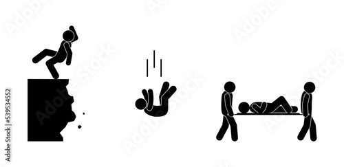 a man fell off a cliff, an accident, a fall down, the victim is carried on a stretcher