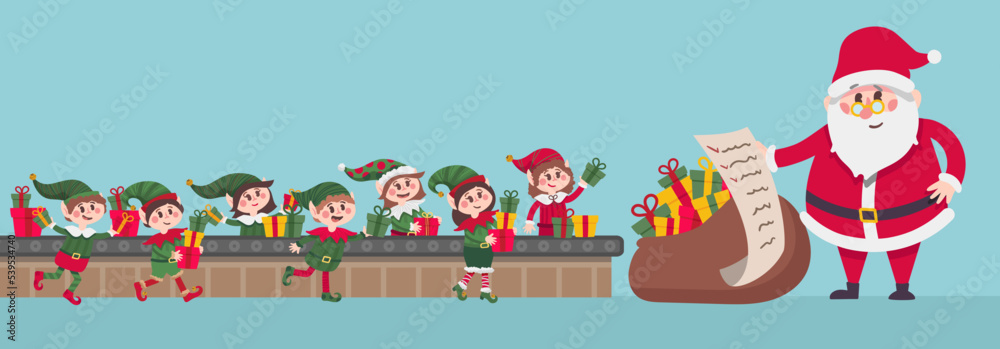Fototapeta premium Santa Claus hold сhecklist and collects Christmas gifts in a bag. Conveyor belt with elves helpers cartoon vector illustration