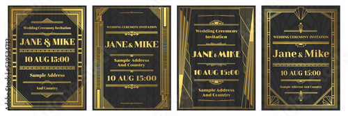 Antique invitations. Art deco wedding event invitation card template vector set