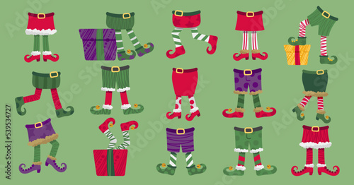 Bottom off elf party costume. Сhristmas elves boots with upturned toes, striped stocking and gift boxes. Leprechaun legs cartoon vector set