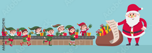 Santa Claus hold сhecklist and collects Christmas gifts in a bag. Conveyor belt with elves helpers cartoon vector illustration
