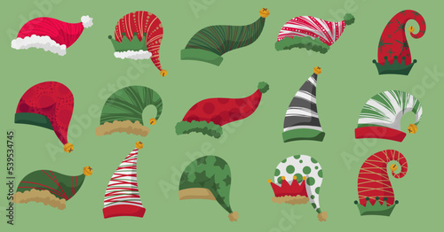 Christmas elf hats. New Year's pointy hats for elves cartoon vector illustration set
