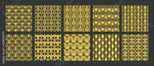 Luxury art deco patterns. Golden vintage ornaments, geometric lines arts seamless pattern vector set