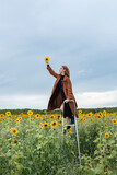 Girl on a ladder in a field of sunflowers.