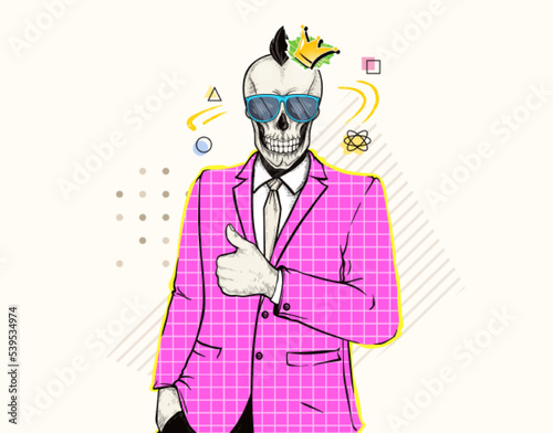 Smiling gothic man with punk skull head in sunglasses and crown rock music symbol. Contemporary zine collage pop art, trendy modern magazine style. Business human rocker in pink jacket show thumbs up.