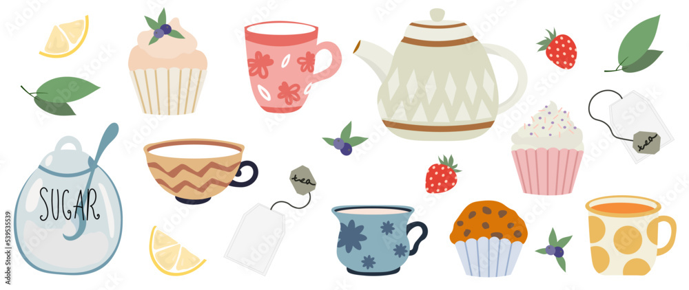 Set of vector isolated elements on a white background. Cups, mugs, tea bags, teapot and sugar bowl, jars, muffins, muffins, desserts, tea ceremony with strawberry leaves and berries.