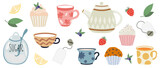 Set of vector isolated elements on a white background. Cups, mugs, tea bags, teapot and sugar bowl, jars, muffins, muffins, desserts, tea ceremony with strawberry leaves and berries.