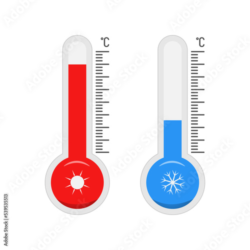 Weather thermometers heat and cold set. Red and blue scale. Temperature in Celsius.