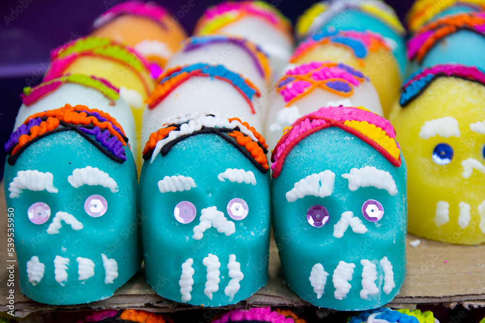 Sweet skulls for day of the dead celebration and halloween, mexican candy traditional Sweet skulls for day of the dead celebration and halloween, mexican candy traditional