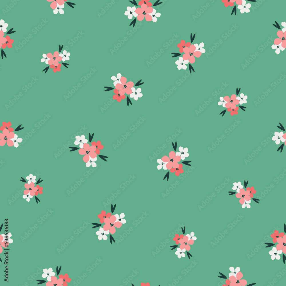 seamless vintage pattern. small white and pink flowers. green background. vector texture. fashionable print for textiles and wallpaper.