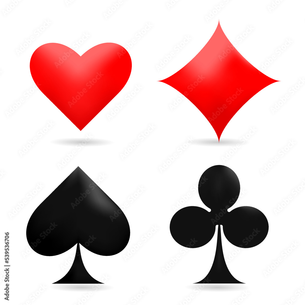 Realistic 3d vector illustration of the four poker playing cards suits symbols with shadows isolated on white background. Spades Hearts Diamonds and Clubs icons Realistic 3d vector illustration of the four poker playing cards suits symbols with shadows isolated on white background. Spades Hearts Diamonds and Clubs icons