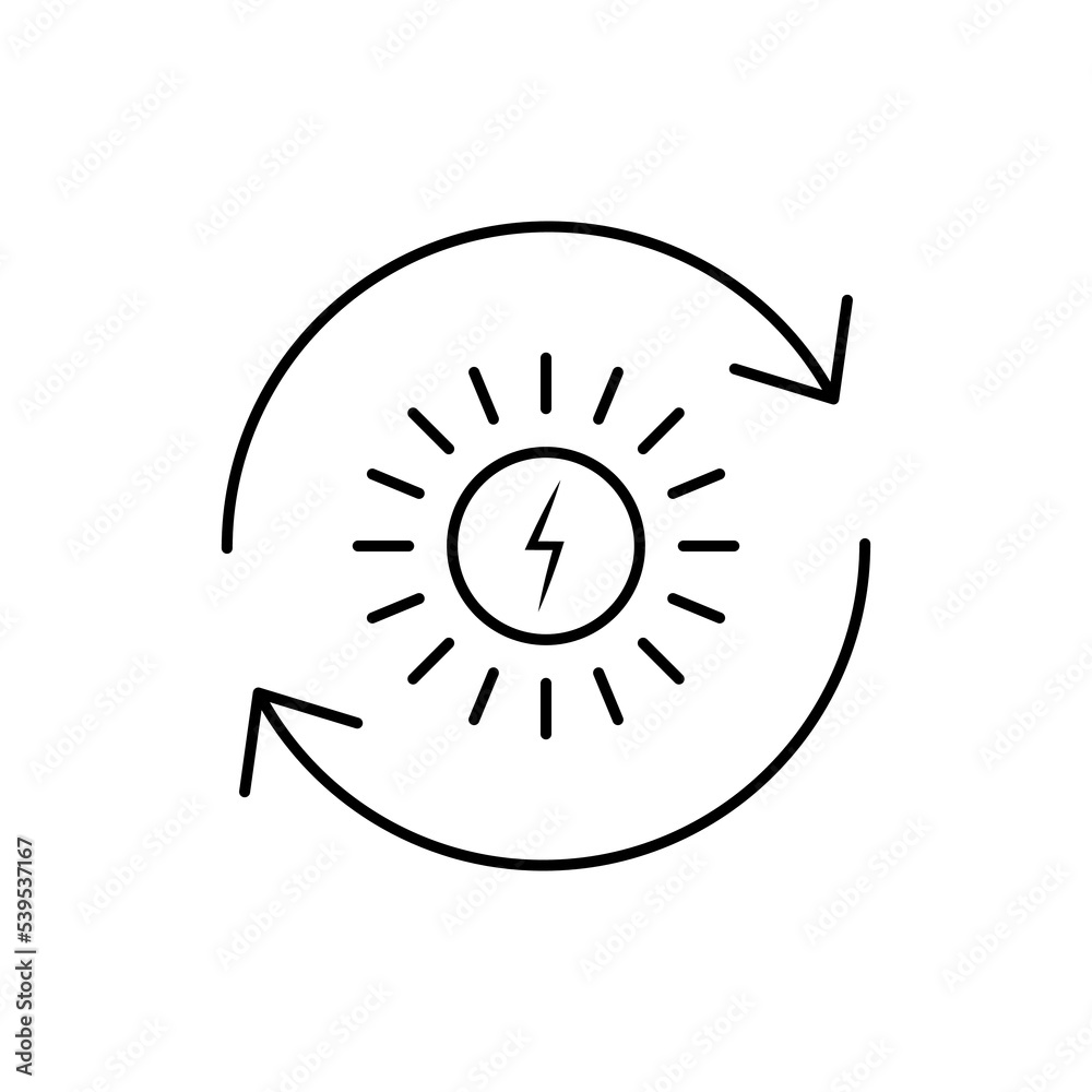 Renewable solar energy vector icon illustration outline black EPS 10. Conversion power from sunlight into electricity. Eco awareness sign. Environment day concept. Isolated on white for web, app, dev Renewable solar energy vector icon illustration outline black EPS 10. Conversion power from sunlight into electricity. Eco awareness sign. Environment day concept. Isolated on white for web, app, dev
