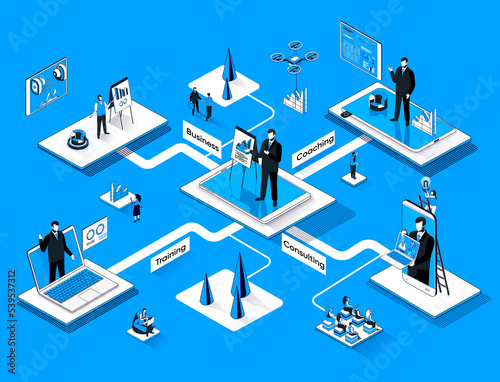 Business training isometric web banner. Coaching, mentoring and consulting flat isometry concept. Career development course, education 3d scene design. Illustration with tiny people characters