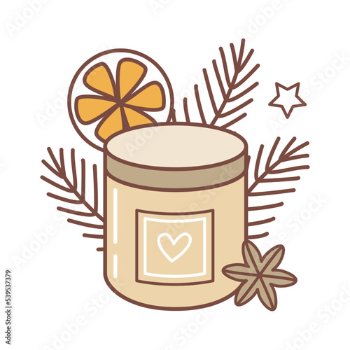 Scented soy wax candle in ceramic jar with Christmas decor - isolated vector object for cozy home relax design