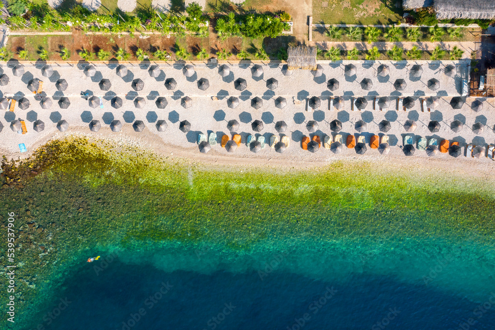 The beach in Saranda. The Ionian Sea. Saranda. Albania. View from above. Drone shooting