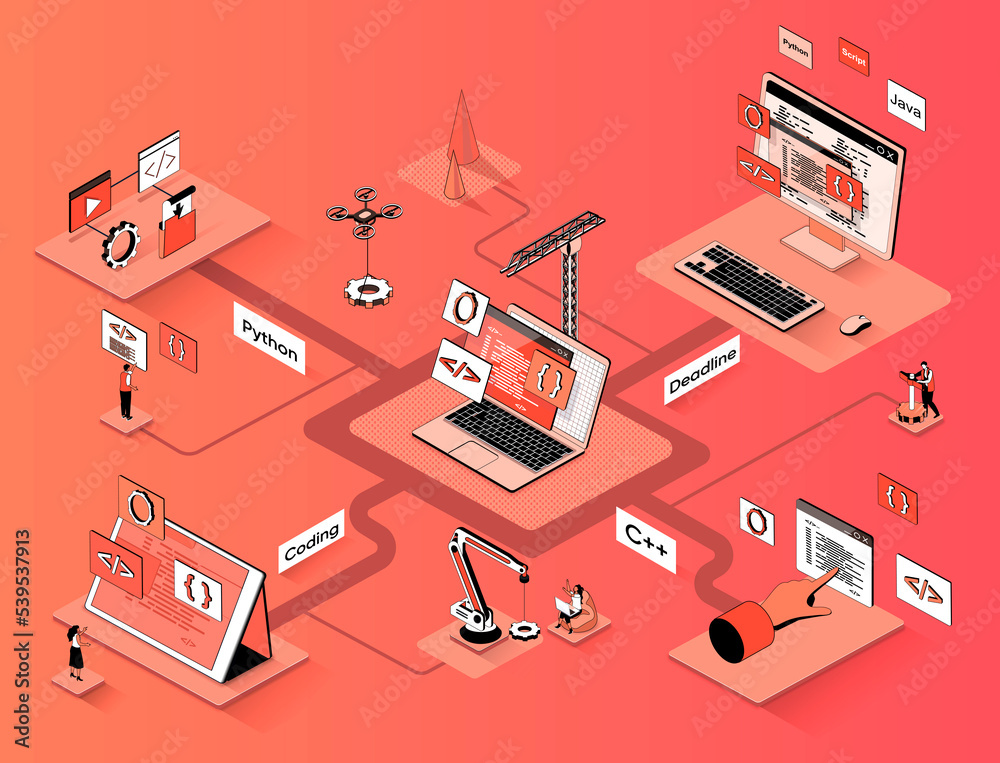 Obraz premium Programming company isometric web banner. Development and creation of software flat isometry concept. Coding and testing application 3d scene design. Illustration with tiny people characters
