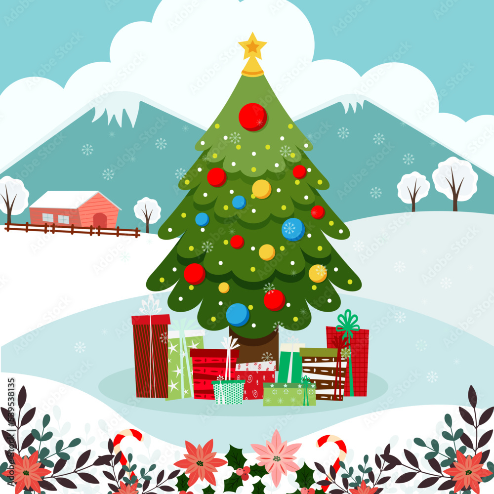 Christmas tree with gifts and winter landscape. Cute vector illustration in flat style