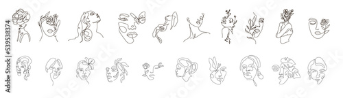 Modern abstract line minimalistic women faces arts set, postcard or brochure cover design. Different woman faces. One line art. Vector illustrations design