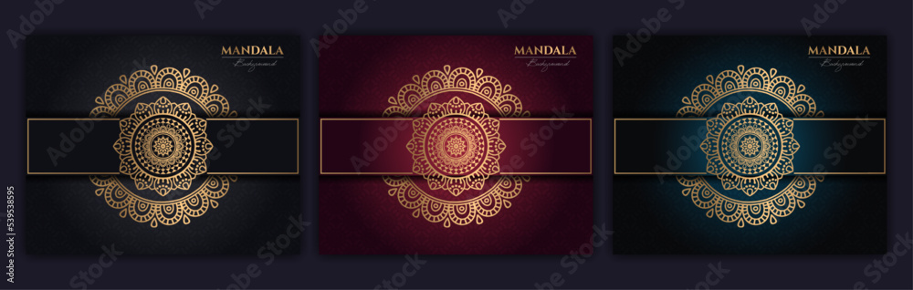 Set of abstract gold luxury mandala background vector template, Circular ornamental arabesque pattern for poster, cover, brochure, flyer. Red, green, blue background with ethnic floral mandala element