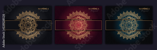 Set of abstract gold luxury mandala background vector template, Circular ornamental arabesque pattern for poster, cover, brochure, flyer. Red, green, blue background with ethnic floral mandala element