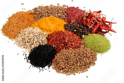 Composition of various spices on white background photo