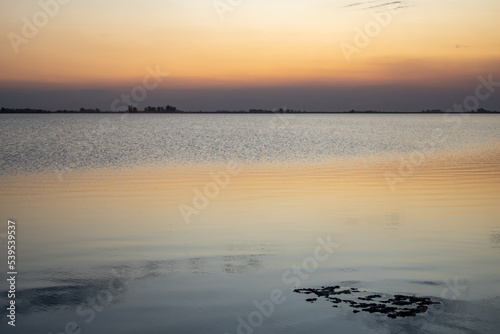 Serene landscape in a lagoon during the arrival of twilight. Golden colors in the sky reflected in the water. Little birds in the sky.