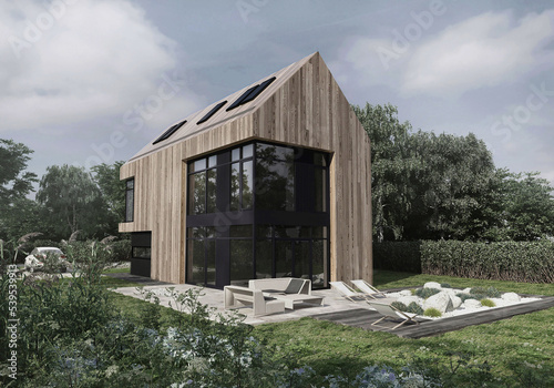 visualization of a modern house in a barn style with a wooden front 