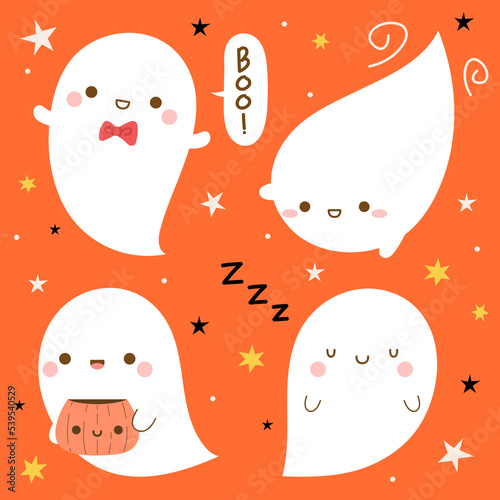 Happy Halloween with set of cute funny ghost. Spooky boo characters for kids in flat cartoon style vector illustration