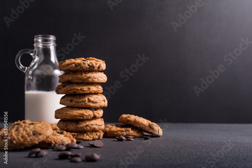 Chocolate chip cookies with milk for tasty break