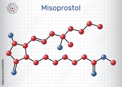 Misoprostol molecule. It is prostaglandin E1 analogue, used to treat stomach, duodenal ulcers, induce labor, cause abortion. Structural chemical formula, molecule model. Sheet of paper in cage
