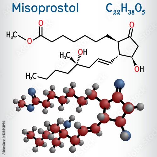 Misoprostol molecule. It is prostaglandin E1 analogue, used to treat stomach, duodenal ulcers, induce labor, cause an abortion. Structural chemical formula and molecule model