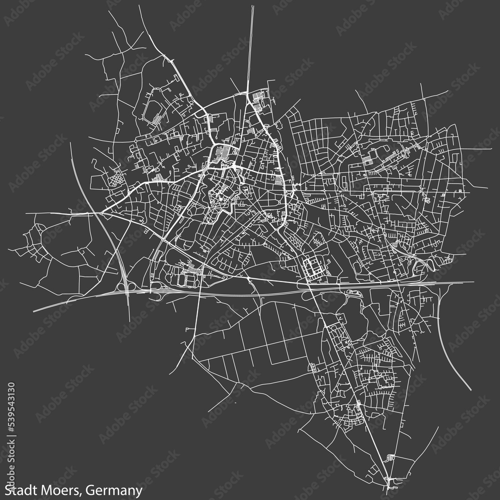 Detailed negative navigation white lines urban street roads map of the Street roads map of the CITY OF MOERS of the German regional capital area of Moers, Germany on dark gray background