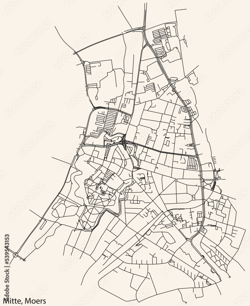 Detailed navigation black lines urban street roads map of the MITTE QUARTER of the German regional capital city of Moers, Germany on vintage beige background