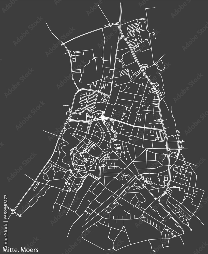Detailed negative navigation white lines urban street roads map of the MITTE QUARTER of the German regional capital city of Moers, Germany on dark gray background